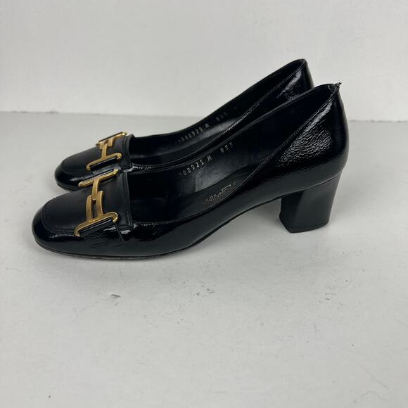 Ferragamo Leather Pumps Black Square Toe Heels Gold-Tone Horsebit Loafers 6.5 - Picture 4 of 10